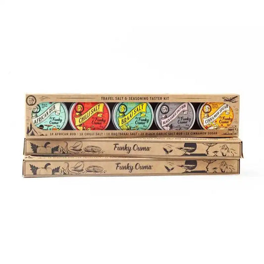 Tiny Taster 5 Pack: Braai/BBQ Salt, Chilli Salt, African BBQ Spice, Black Garlic Salt, Cinnomon Sugar